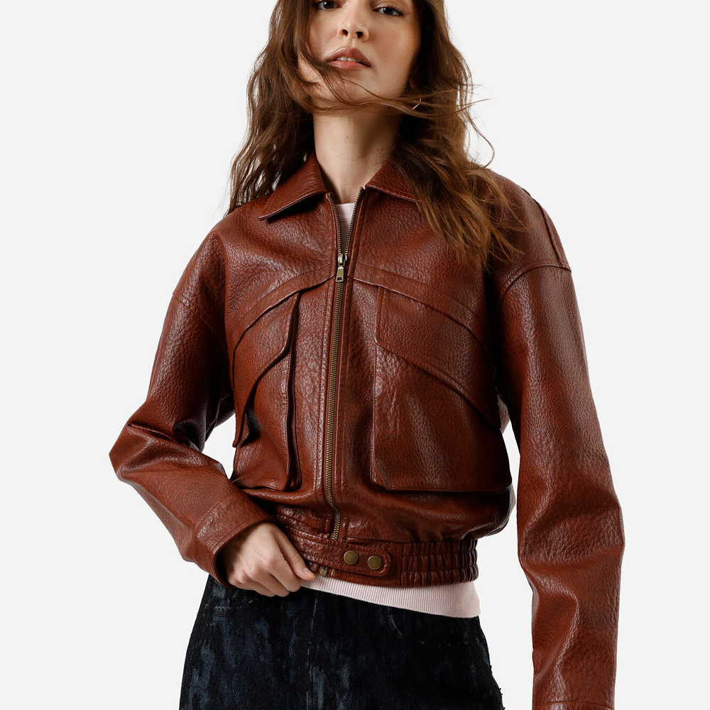 Jaqueta bomber feminina de poliuretano marrom Jaqueta bomber feminina de poliuretano marrom