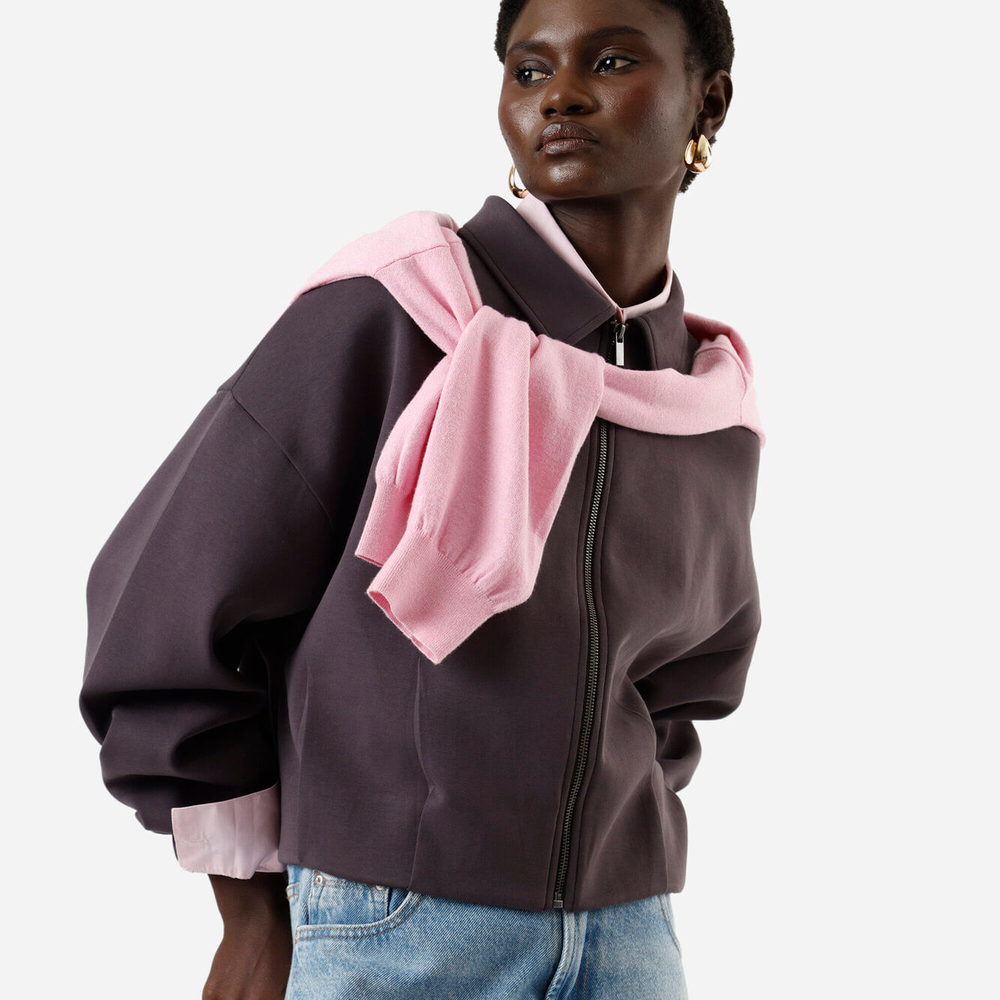 Jaqueta bomber feminina com pregas cinza Jaqueta bomber feminina com pregas cinza