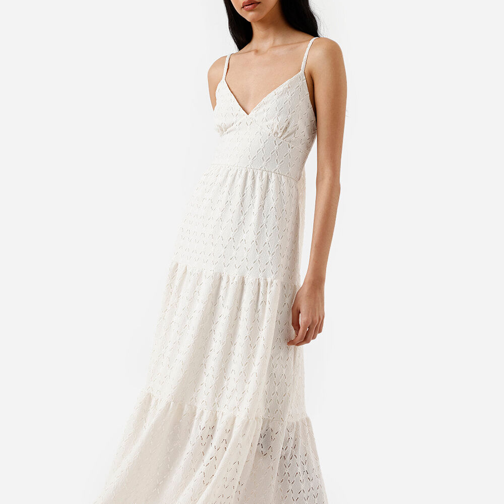 Vestido longo feminino de laise com amarração floral off white Vestido longo feminino de laise com amarração floral off white