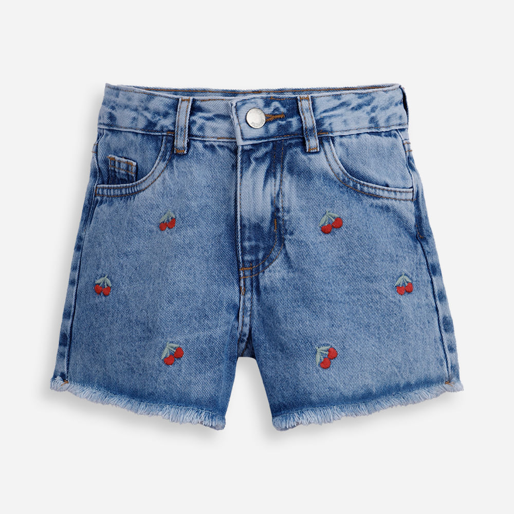 Short mom infantil jeans bordado cerejas azul