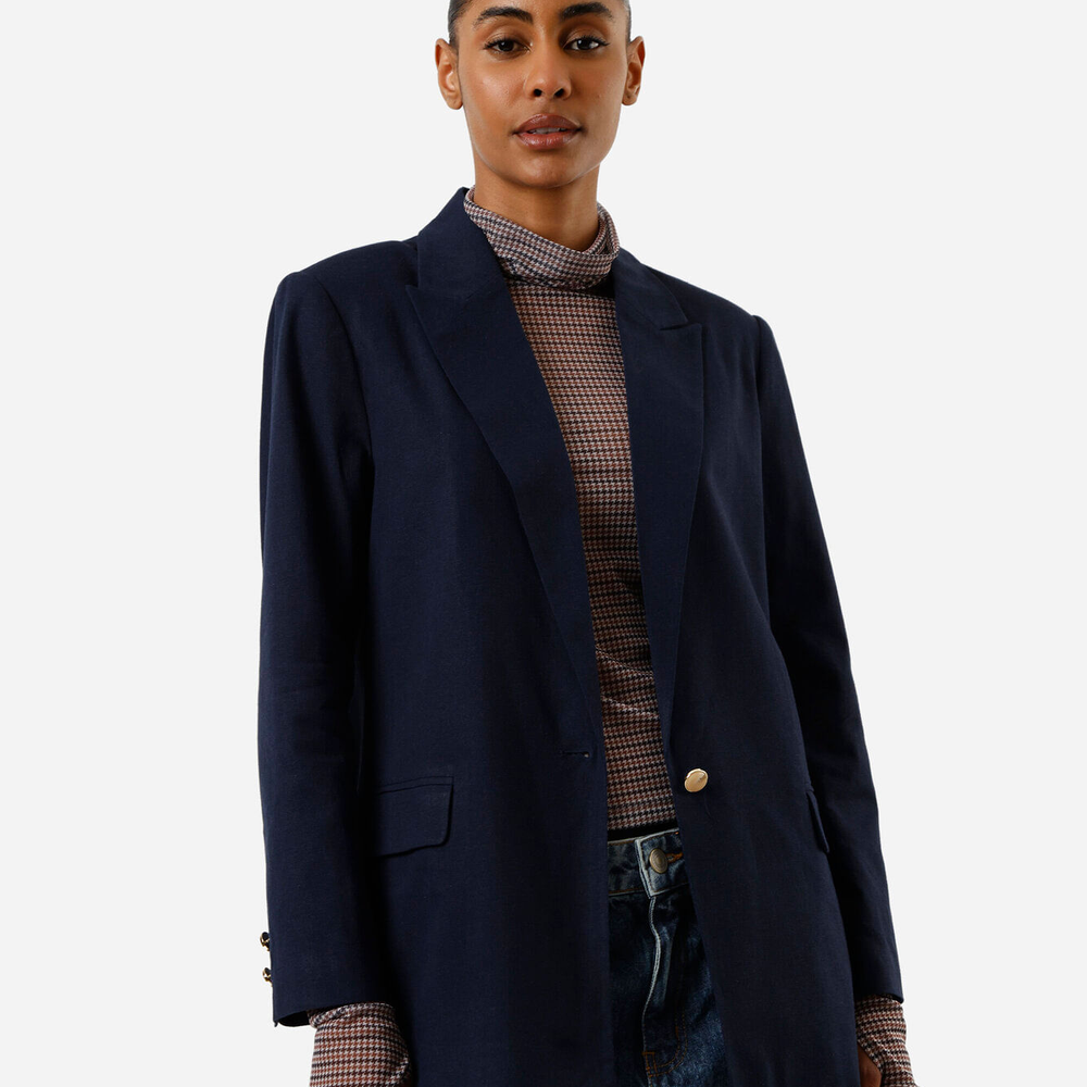Blazer de alfaiataria feminino com linho azul Blazer de alfaiataria feminino com linho azul
