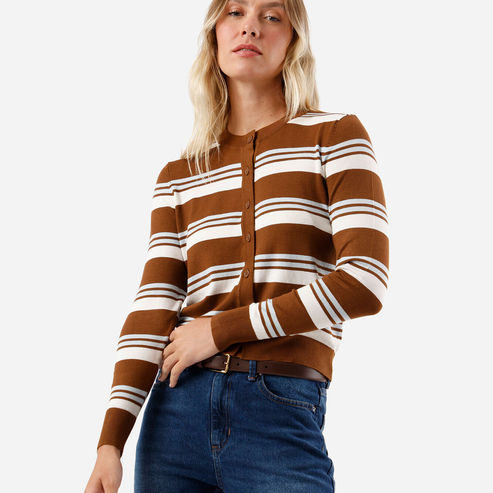 Cardigan feminino de tricot listrado bege Cardigan feminino de tricot listrado bege