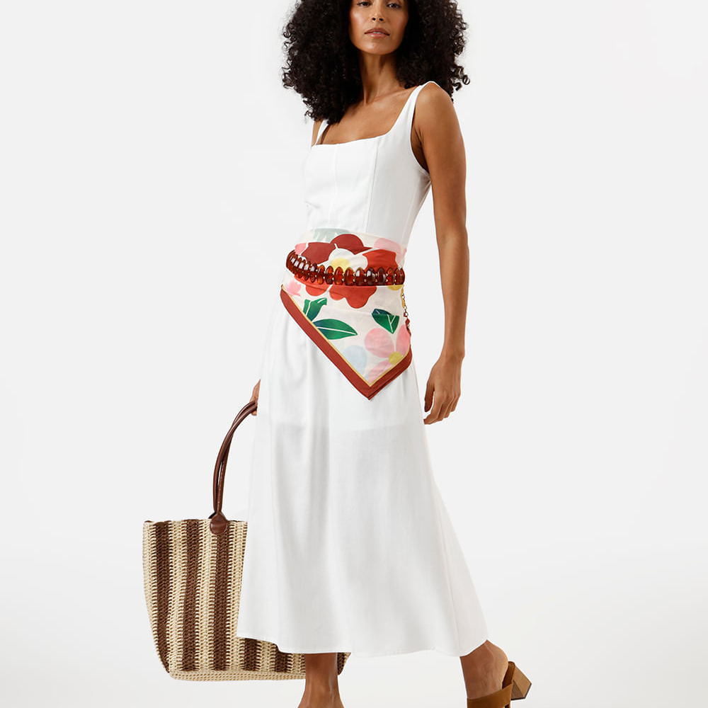 Vestido midi feminino com linho e recortes decote quadrado off white Vestido midi feminino com linho e recortes decote quadrado off white