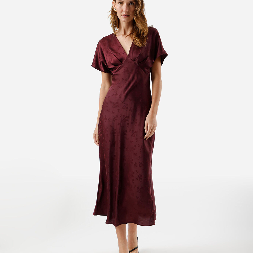 Vestido midi feminino decote v floral acetinado vinho Vestido midi feminino decote v floral acetinado vinho