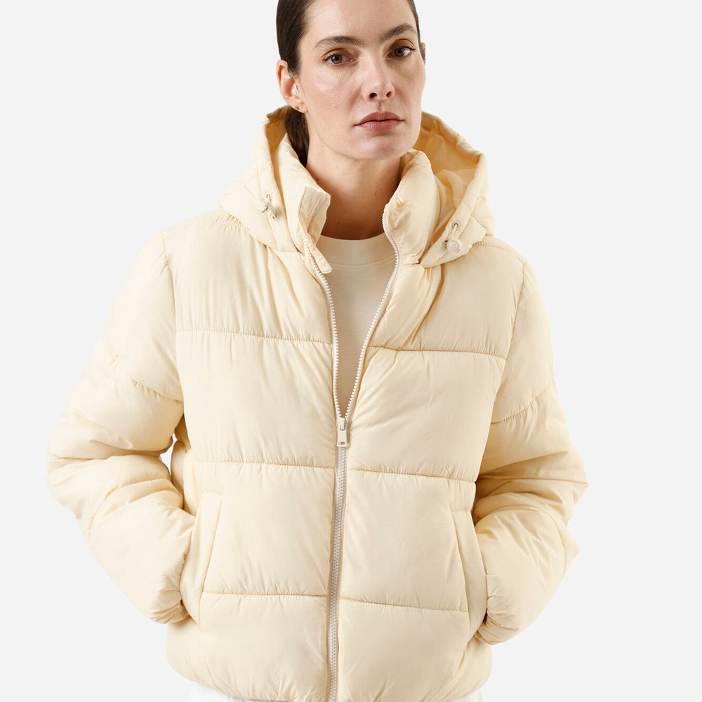 Jaqueta puffer feminina de poliamida com capuz amarela Jaqueta puffer feminina de poliamida com capuz amarela