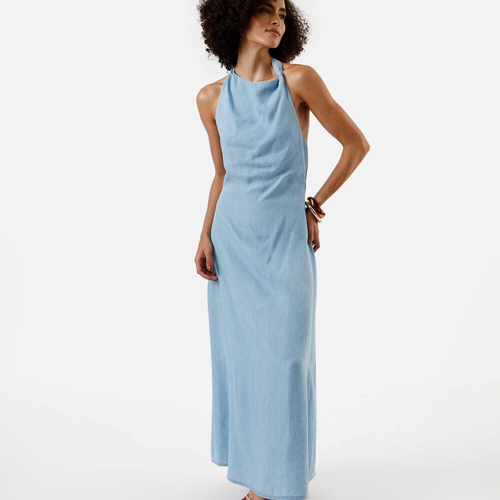 Vestido midi feminino jeans frente única azul Vestido midi feminino jeans frente única azul