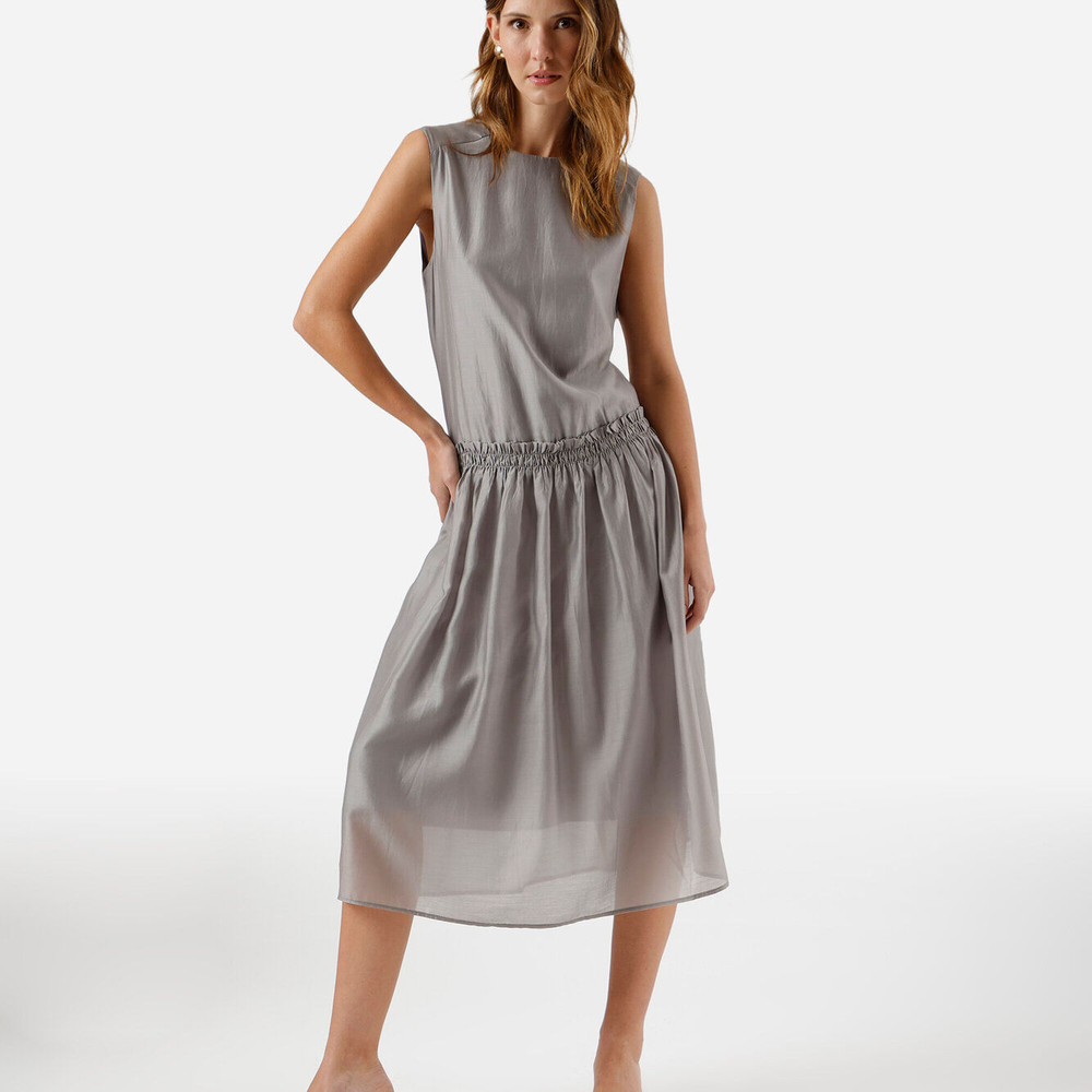 Vestido midi feminino com liocel franzido cinza Vestido midi feminino com liocel franzido cinza