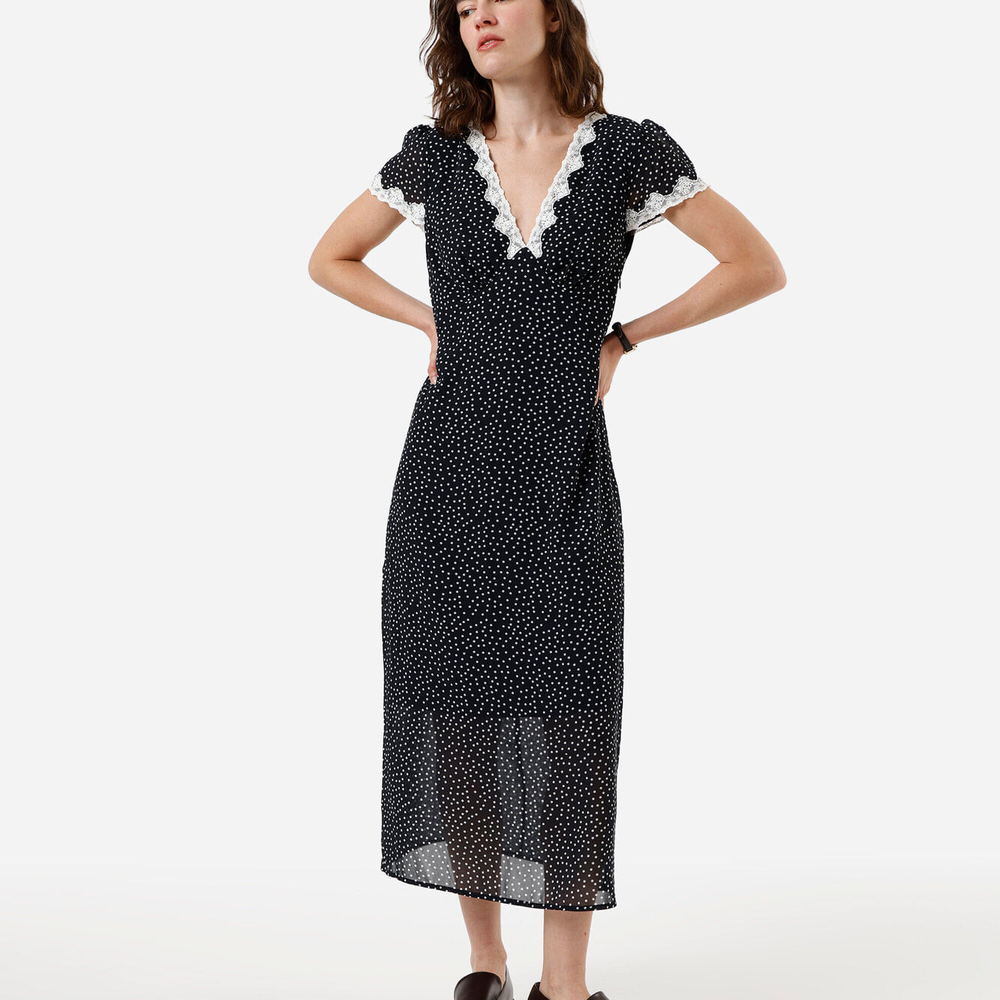 Vestido midi feminino com renda poá azul Vestido midi feminino com renda poá azul