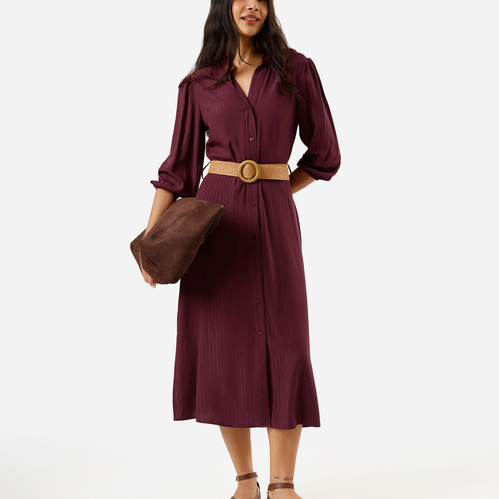 Vestido midi chemise feminino de viscose com cinto vinho Vestido midi chemise feminino de viscose com cinto vinho
