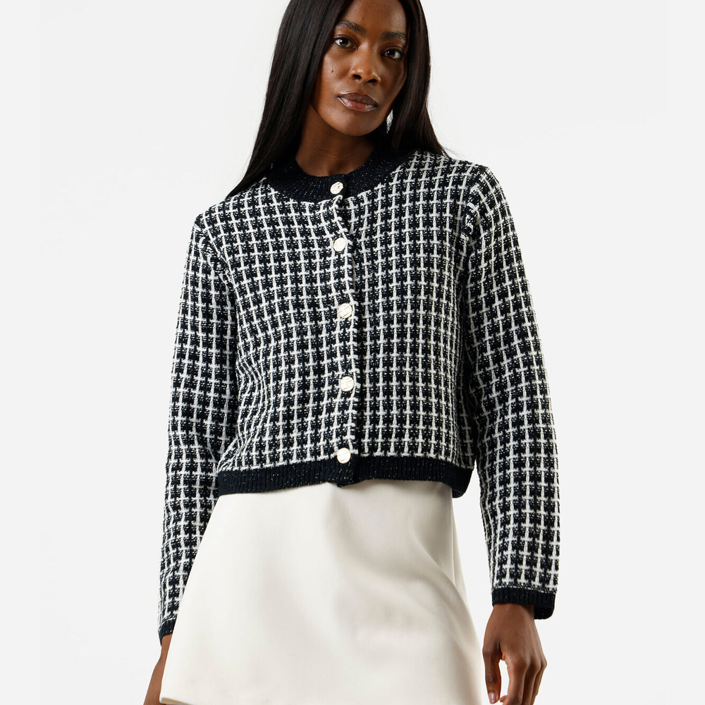 Casaco feminino de tweed xadrez preto Casaco feminino de tweed xadrez preto