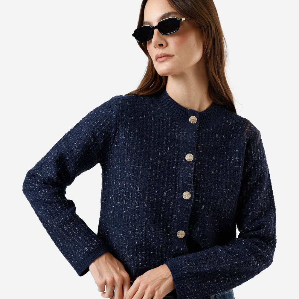 Casaco feminino de tweed xadrez azul Casaco feminino de tweed xadrez azul