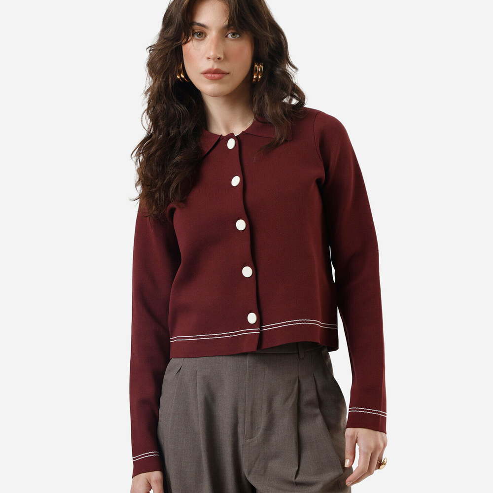 Casaco feminino de tricot com listras vinho Casaco feminino de tricot com listras vinho