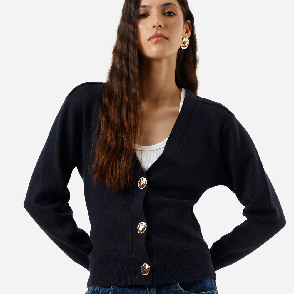 Cardigan feminino de tricot acinturado azul Cardigan feminino de tricot acinturado azul