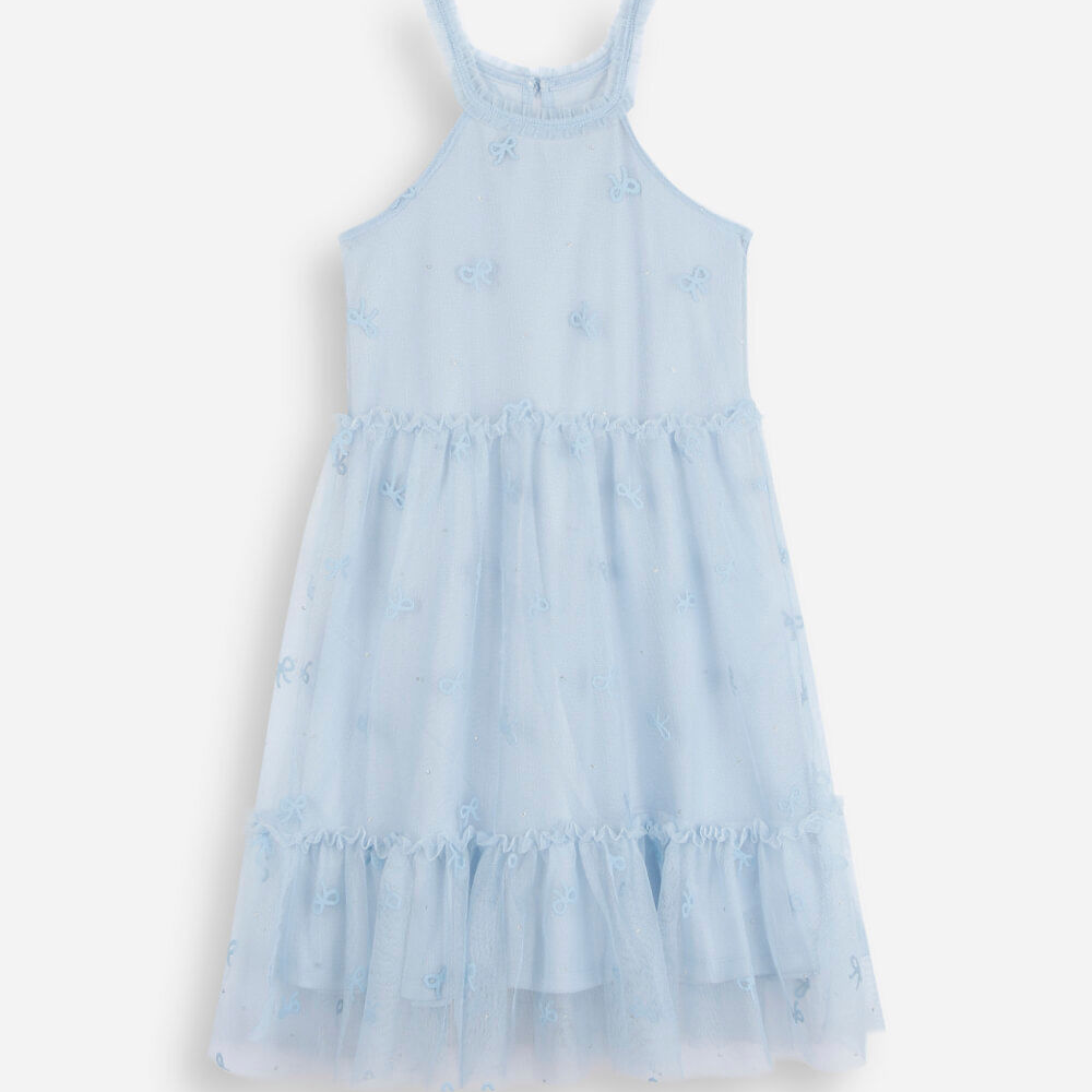 Vestido infantil de tule com laços e recortes azul