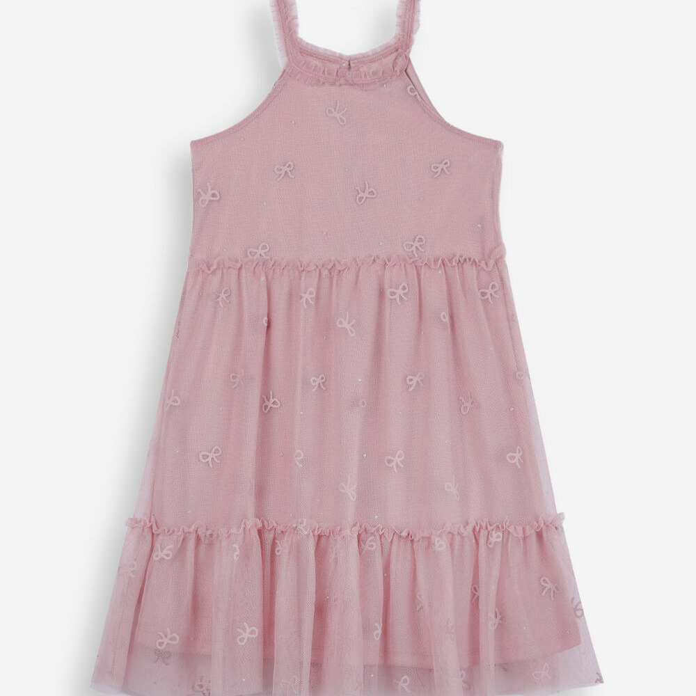 Vestido halterneck infantil de tule lacinho rosa