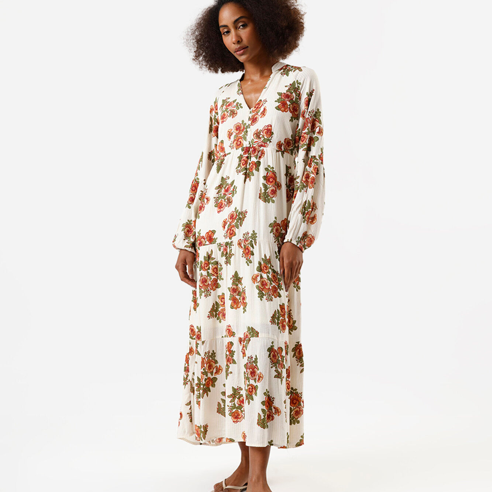 Vestido midi feminino de viscose com recortes floral bege Vestido midi feminino de viscose com recortes floral bege