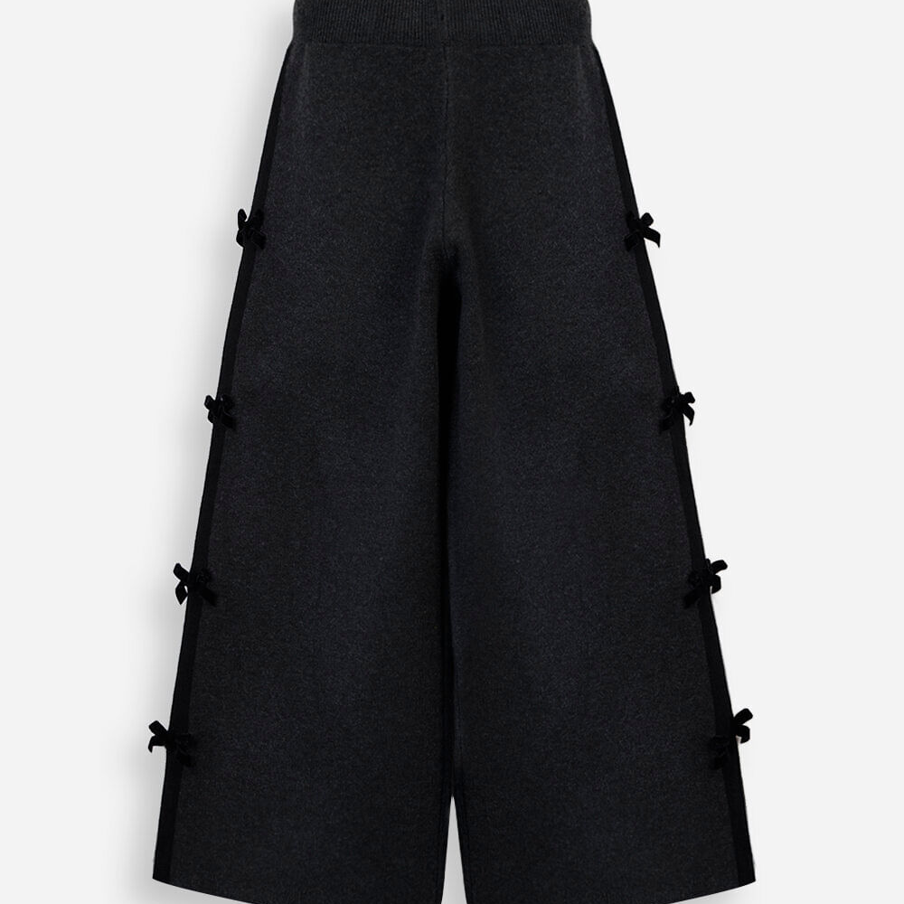 Calça wide leg infantil de tricot com laços cós elástico cinza Calça wide leg infantil de tricot com laços cós elástico cinza