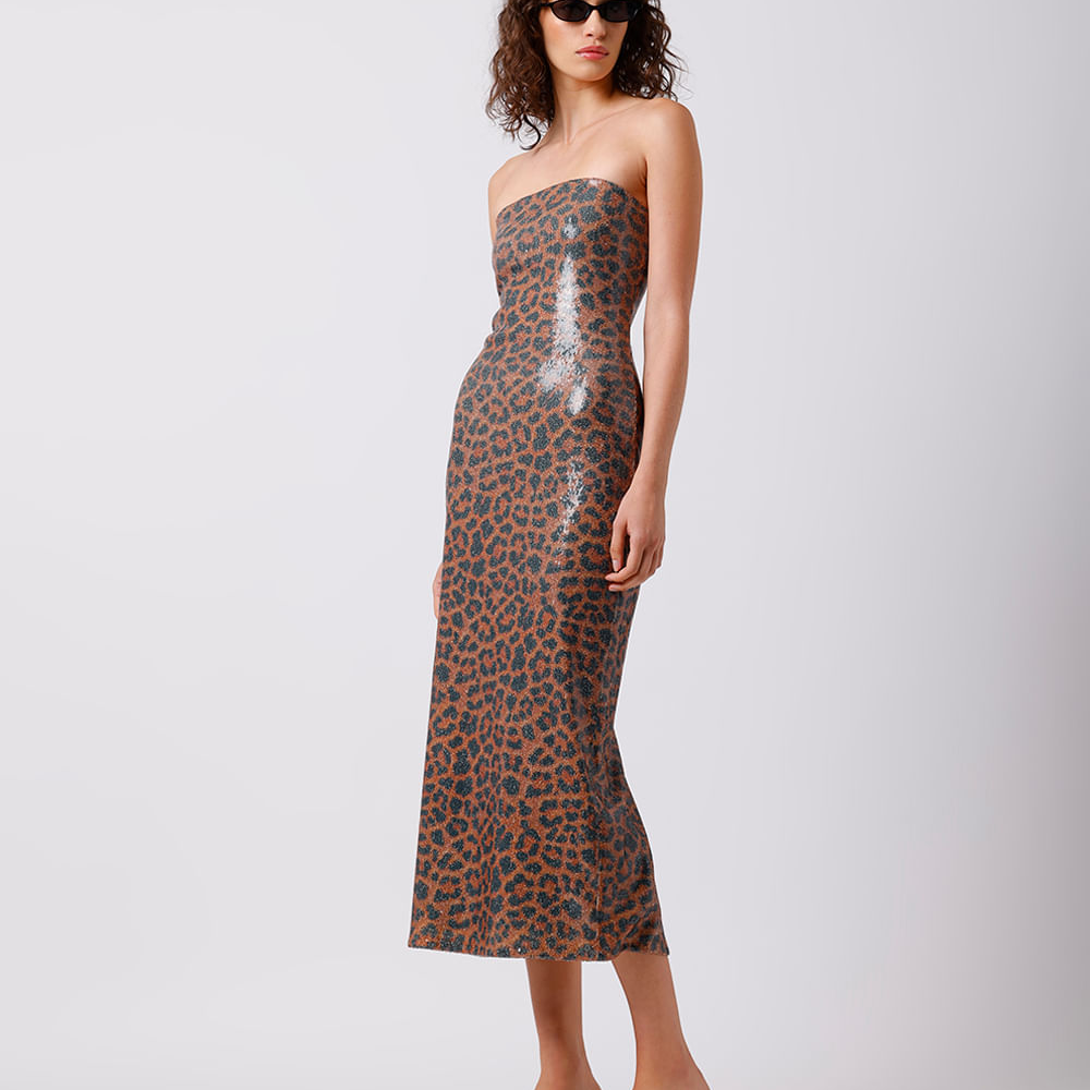 Vestido midi feminino sem alça paetê animal print mindset colorido Vestido midi feminino sem alça paetê animal print mindset colorido