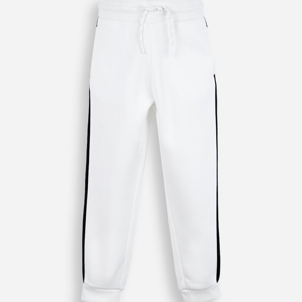 Calça jogger infantil de moletom listra lateral off white Calça jogger infantil de moletom listra lateral off white