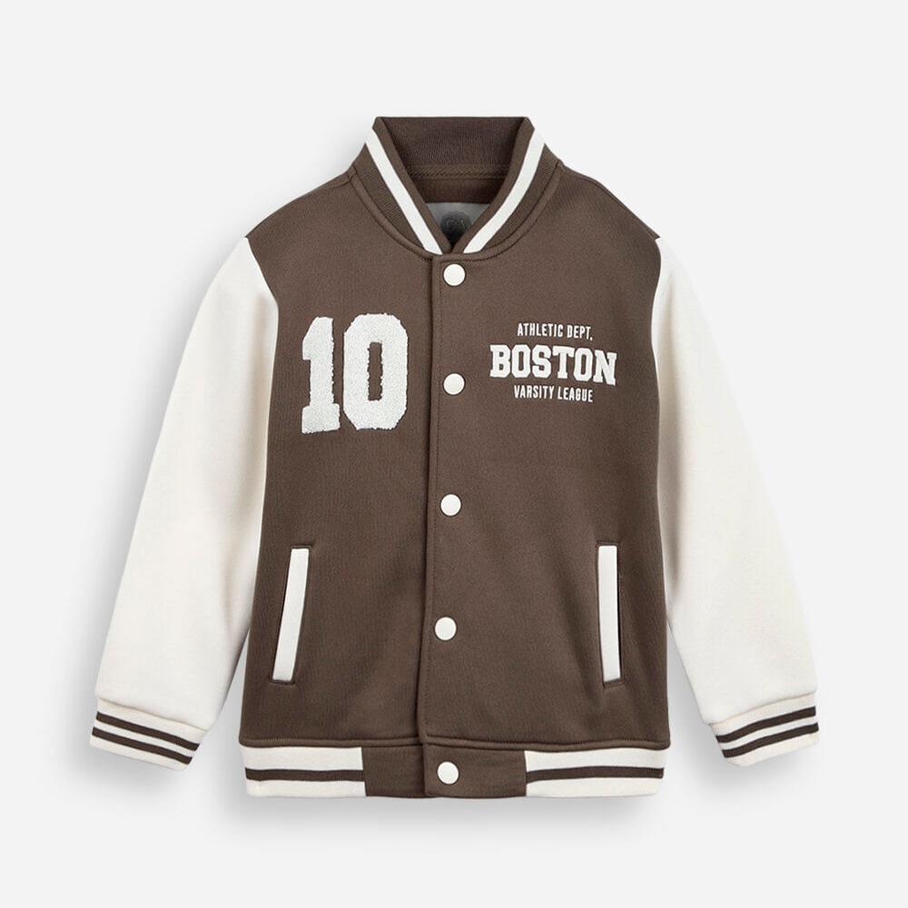 Jaqueta bomber college infantil de moletom com bordado marrom