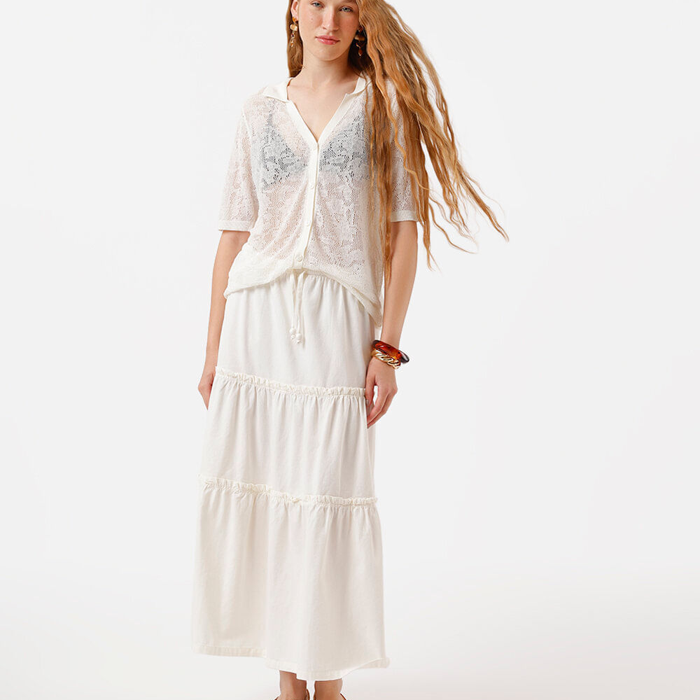 Saia midi feminina de sarja com recortes off white Saia midi feminina de sarja com recortes off white