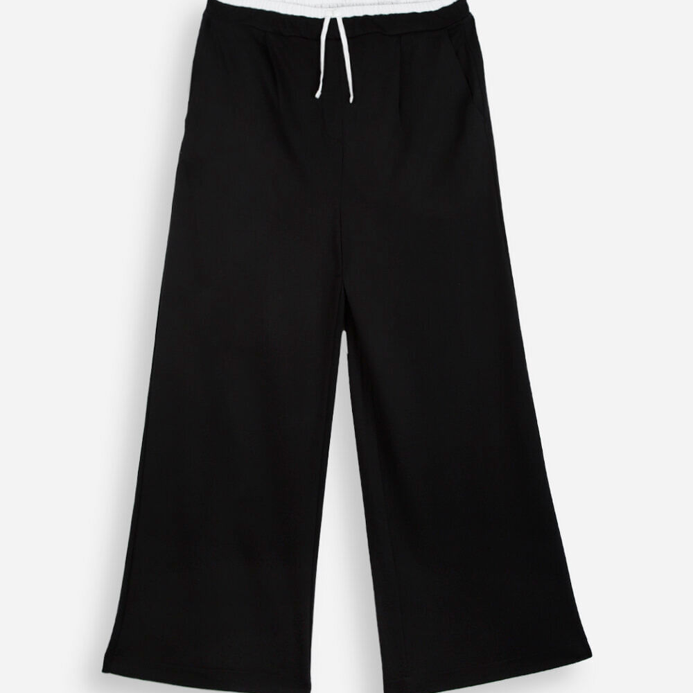 Calça wide leg juvenil de moletom cós elástico preta