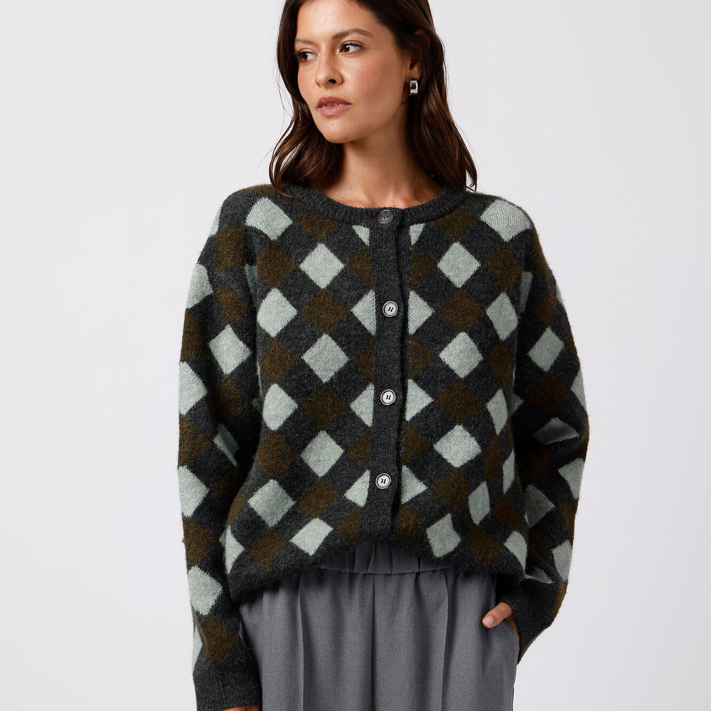 Cardigan feminino de tricot geométrico mindset colorido Cardigan feminino de tricot geométrico mindset colorido