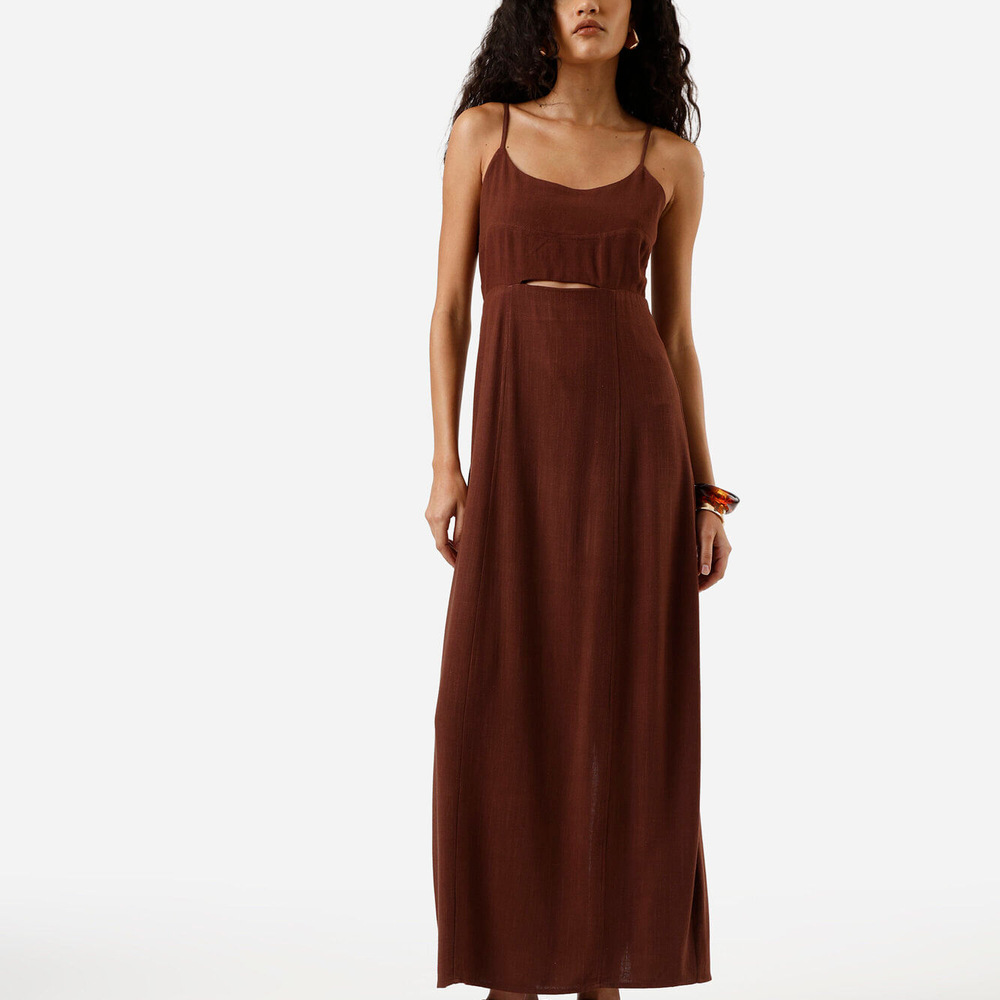 Vestido midi alça fina feminino com linho e recorte marrom Vestido midi alça fina feminino com linho e recorte marrom