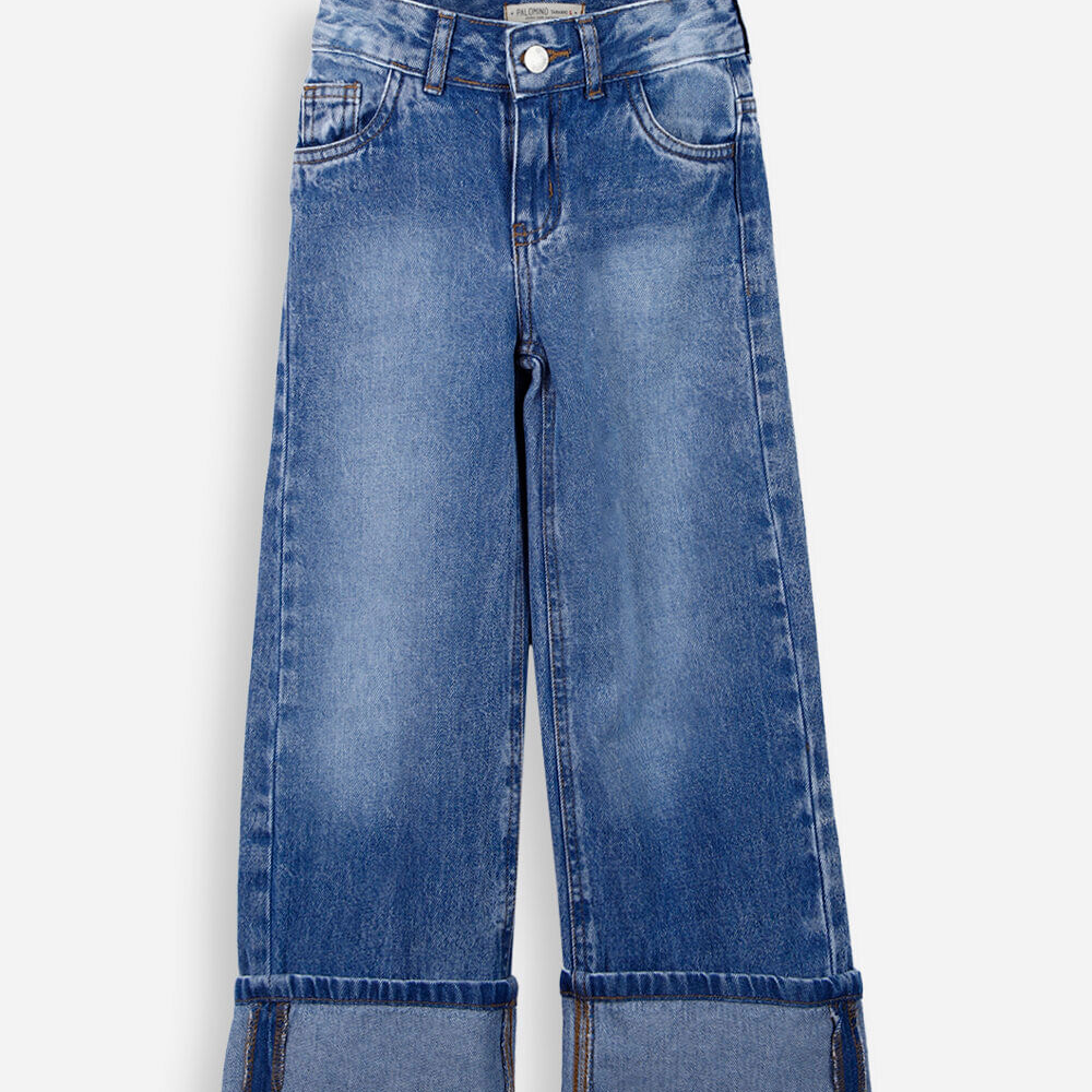 Calça reta infantil jeans barra dobrada azul