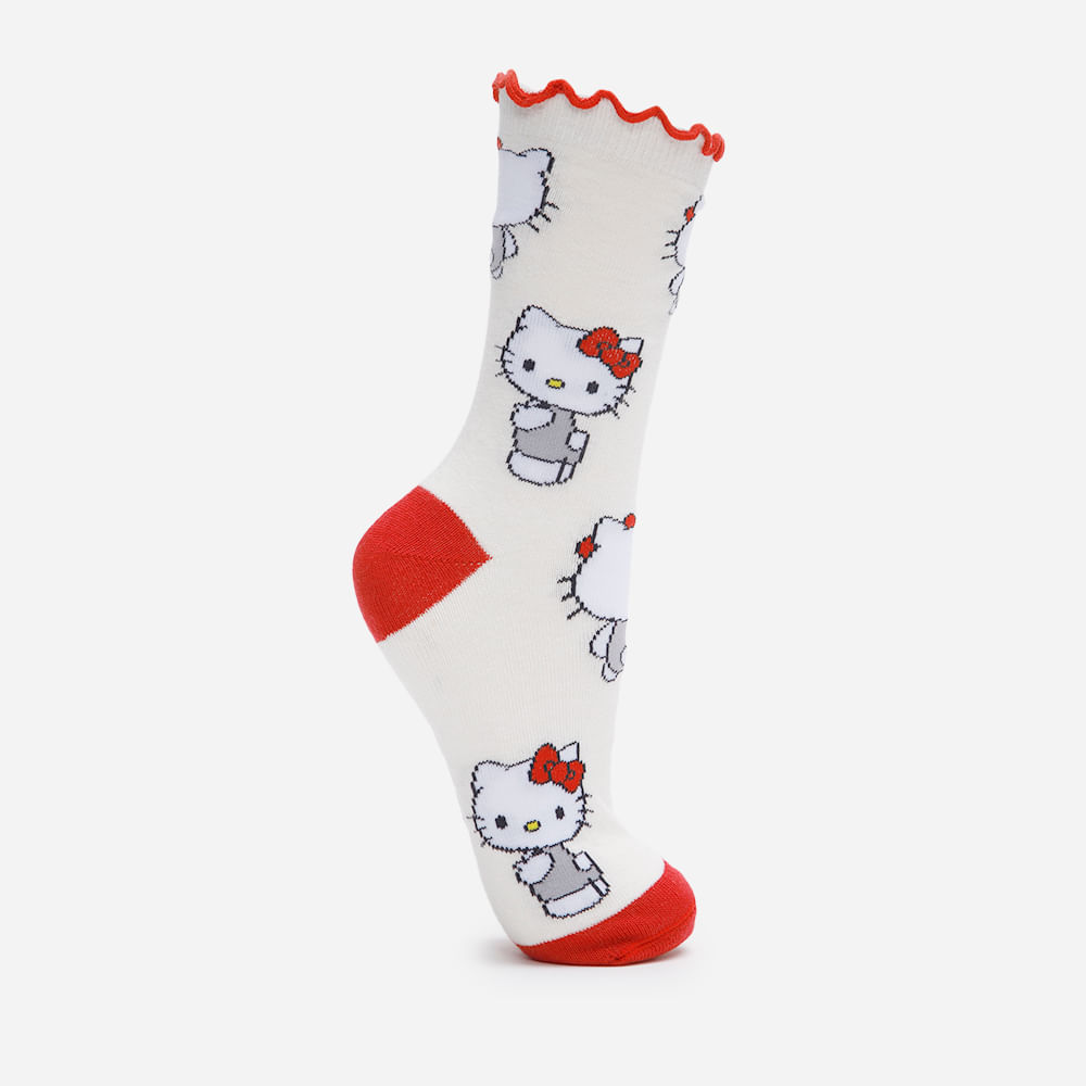 Meia cano alto com algodão hello kitty off white