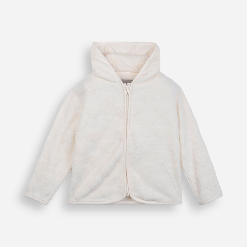 Jaqueta infantil em fleece corações texturizados com capuz off white