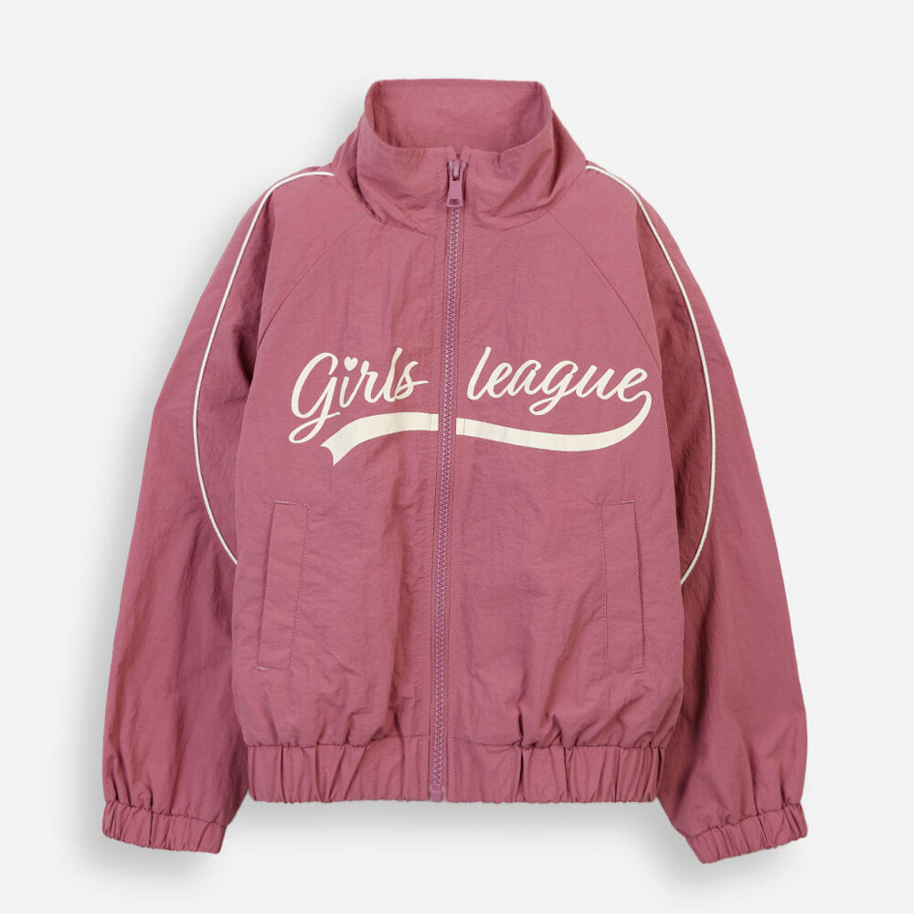 Jaqueta corta vento infantil de poliamida gola alta com nervuras rosa Jaqueta corta vento infantil de poliamida gola alta com nervuras rosa