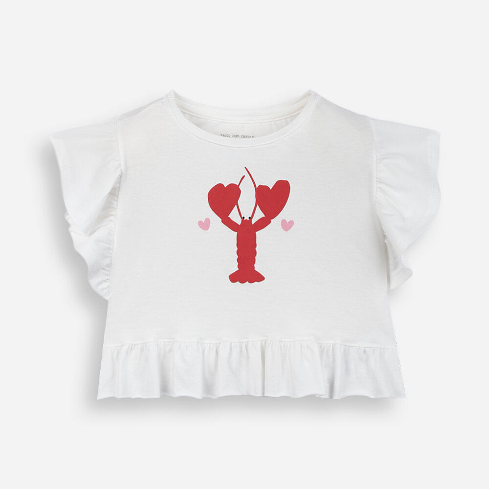 Camiseta infantil de algodão com babados lagosta off white Camiseta infantil de algodão com babados lagosta off white