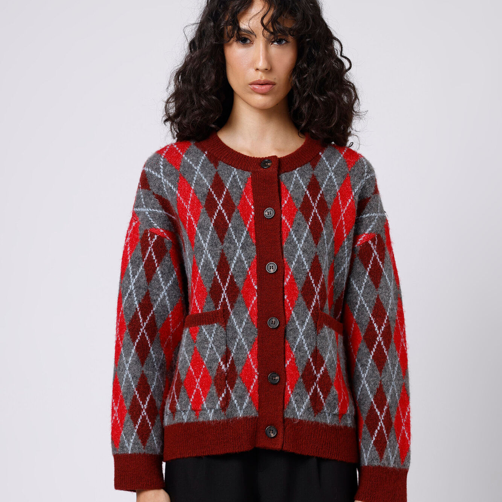 Cardigan feminino de tricot xadrez argyle mindset colorido Cardigan feminino de tricot xadrez argyle mindset colorido