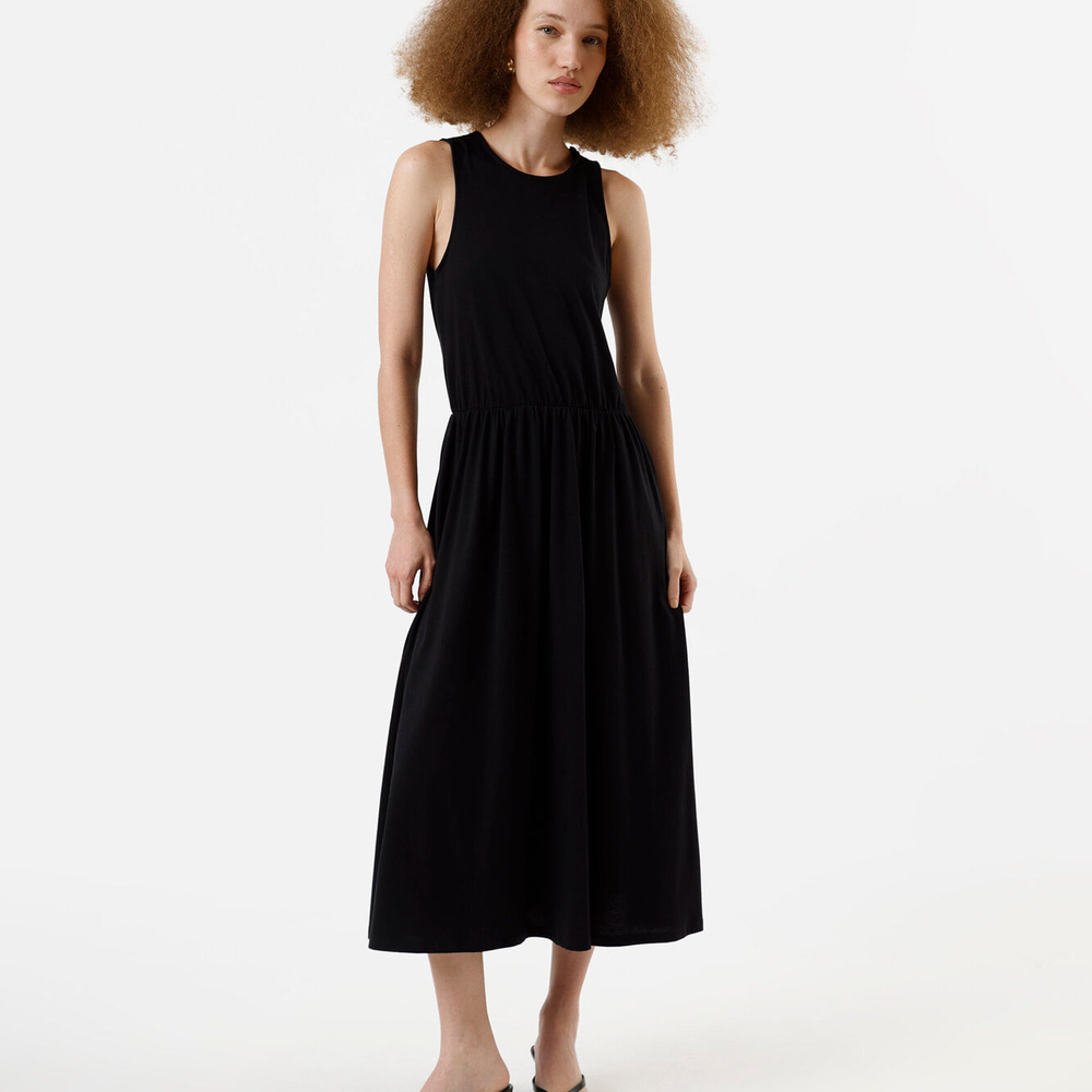 Vestido midi feminino de algodão básico preto Vestido midi feminino de algodão básico preto
