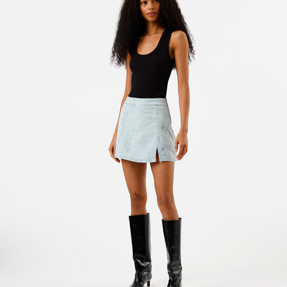 Short saia feminino com cintura alta e brilhos azul Short saia feminino com cintura alta e brilhos azul