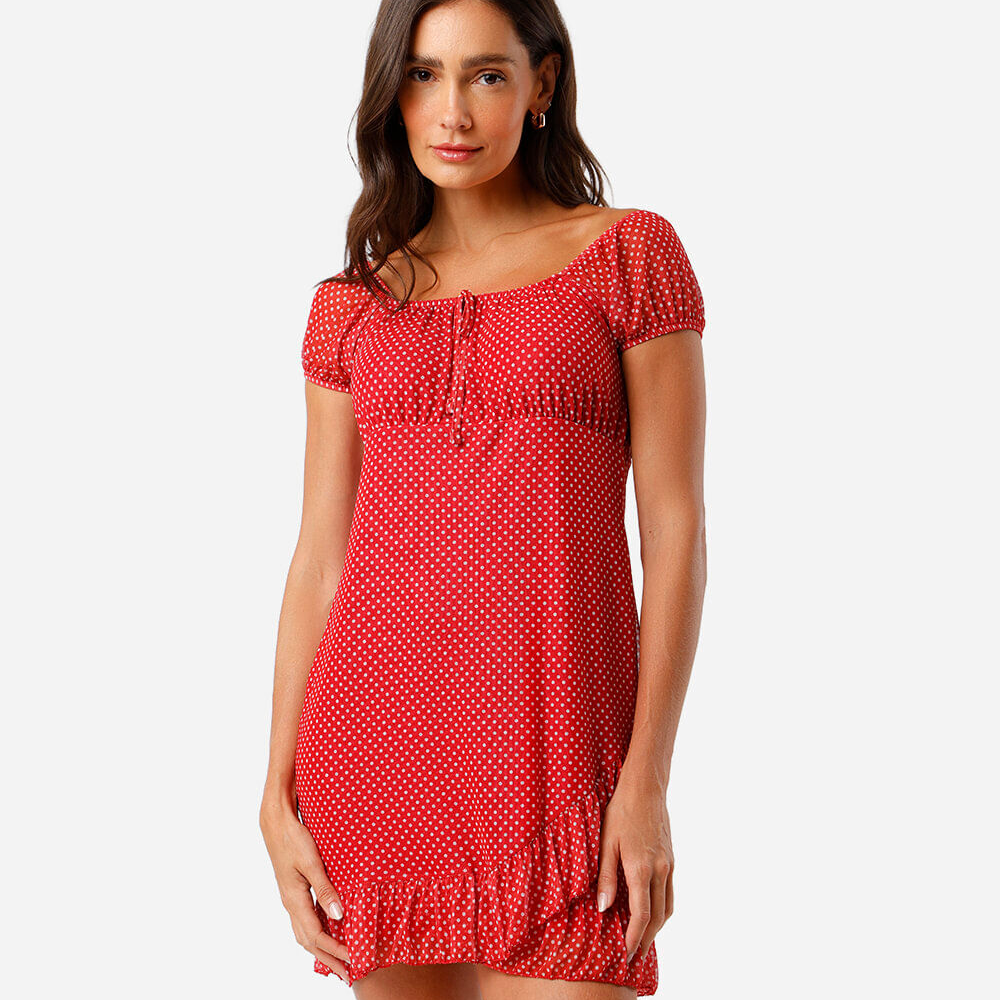 Vestido feminino de tule estampado poá vermelho Vestido feminino de tule estampado poá vermelho