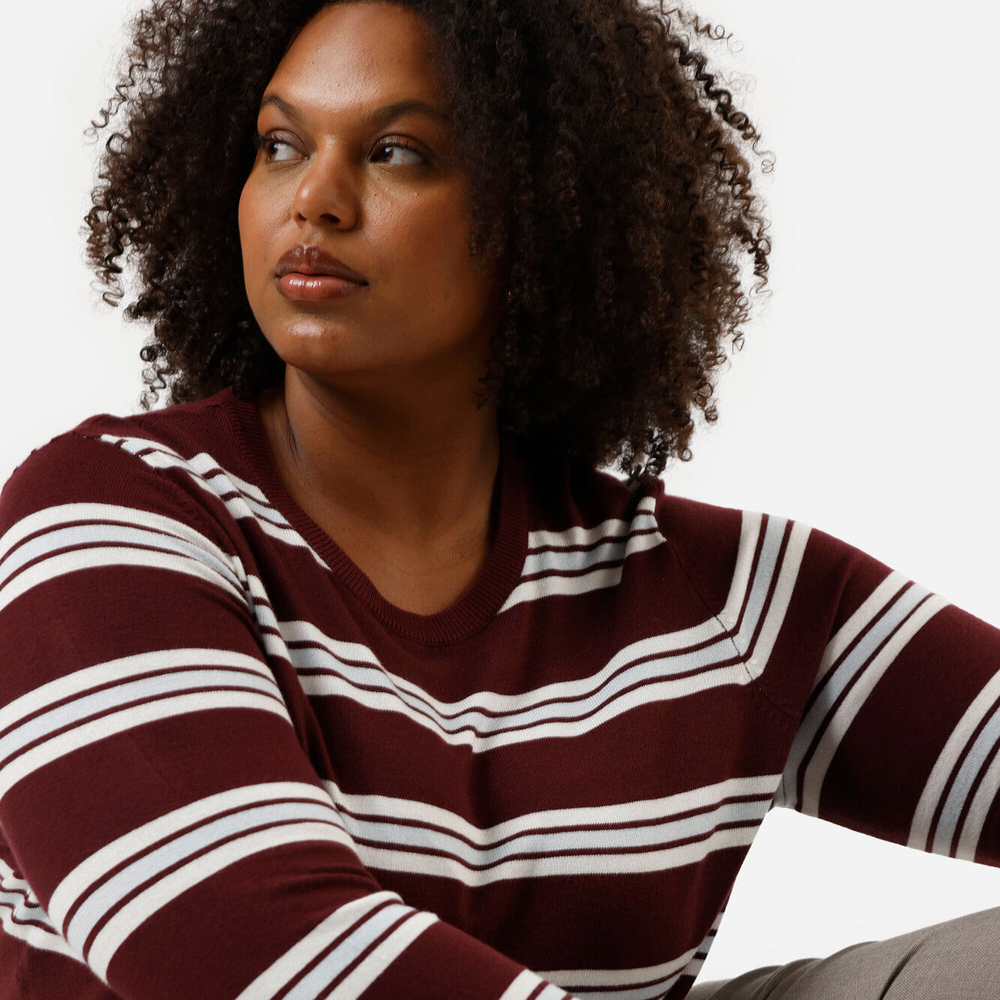 Suéter feminino de tricot listrado plus size vinho Suéter feminino de tricot listrado plus size vinho