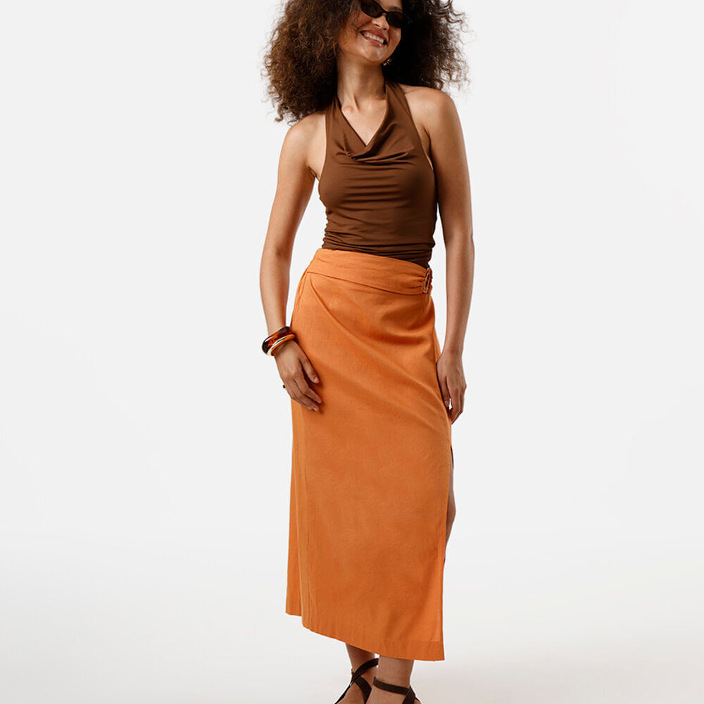 Saia midi feminina com linho e fenda laranja Saia midi feminina com linho e fenda laranja
