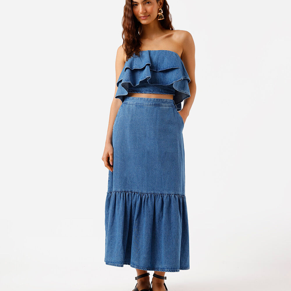 Saia midi feminina jeans com recorte azul Saia midi feminina jeans com recorte azul