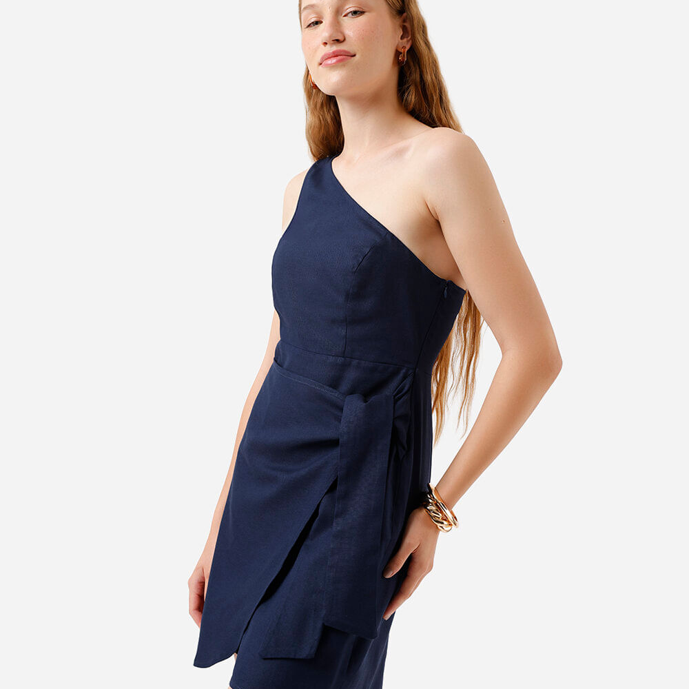 Vestido curto ombro único feminino com linho azul