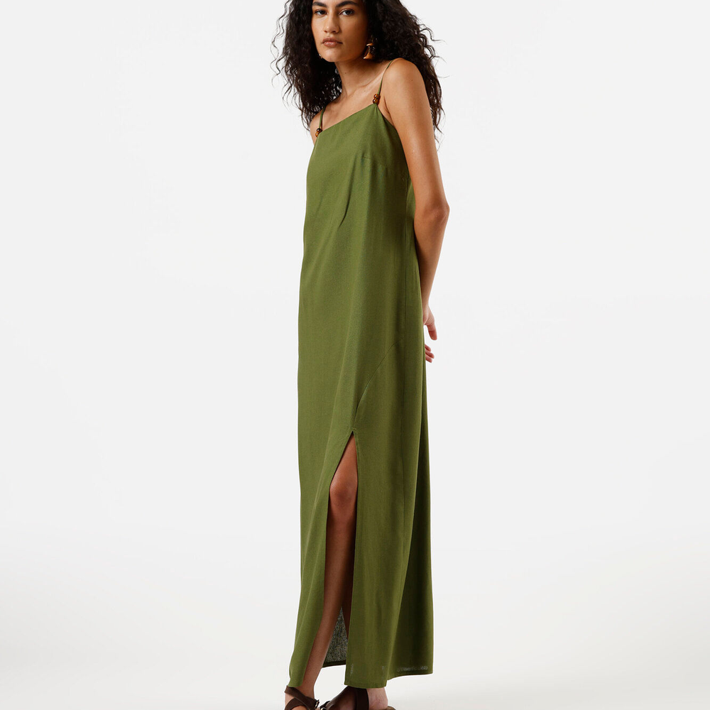 Vestido midi feminino com linho verde Vestido midi feminino com linho verde