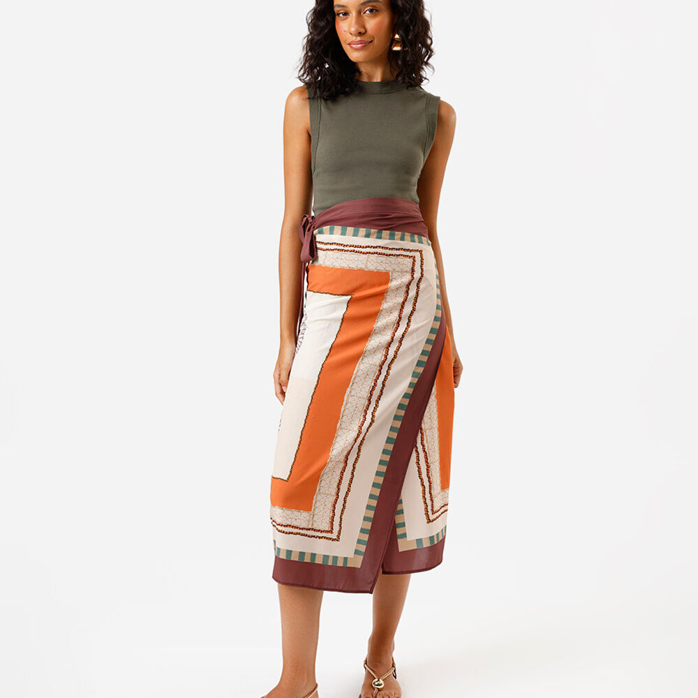 Saia midi pareô feminina estampada marrom Saia midi pareô feminina estampada marrom