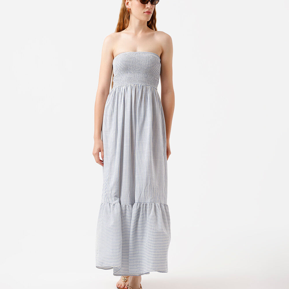 Vestido longo sem alça feminino com viscose listrado azul Vestido longo sem alça feminino com viscose listrado azul