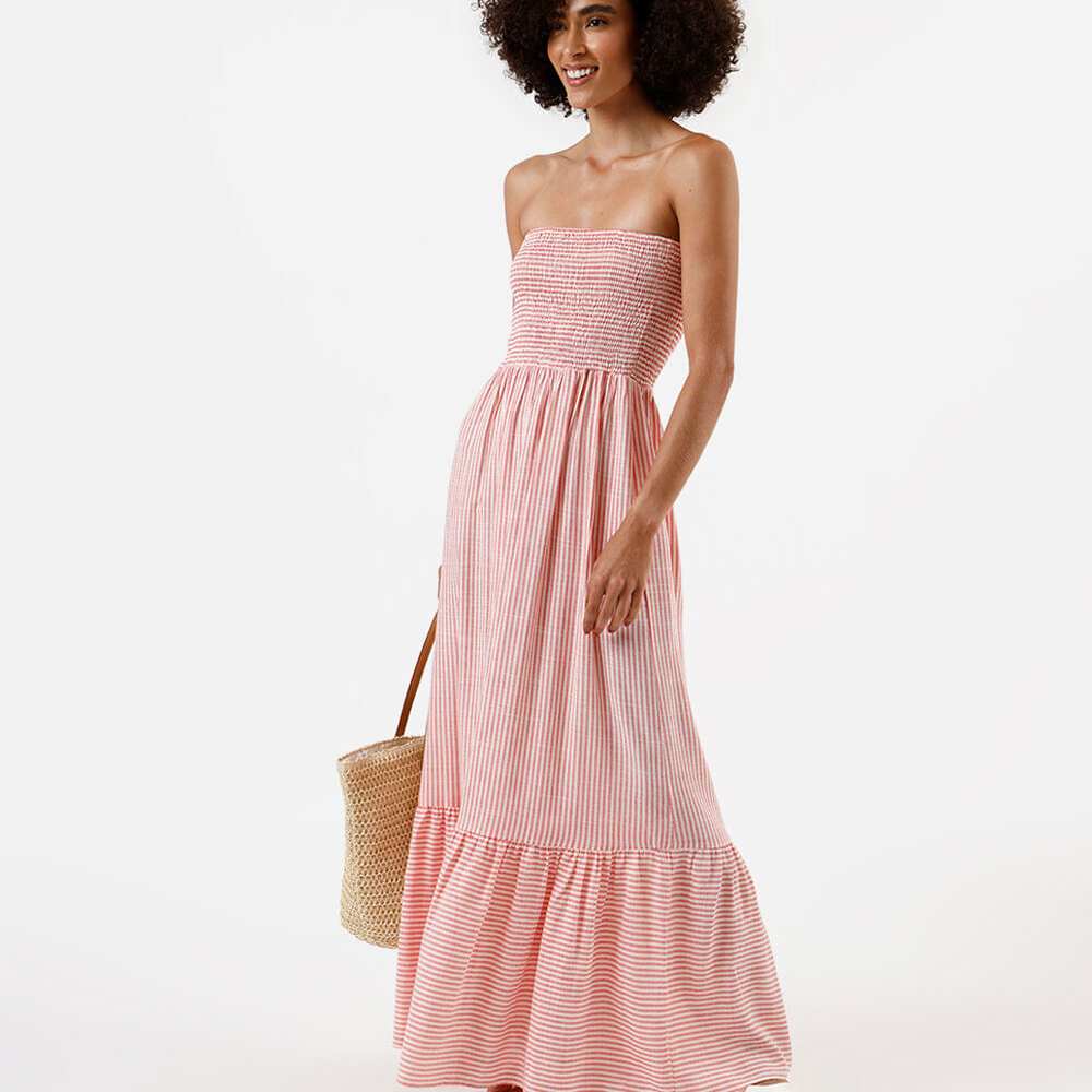 Vestido longo sem alça feminino com viscose listrado vermelho Vestido longo sem alça feminino com viscose listrado vermelho