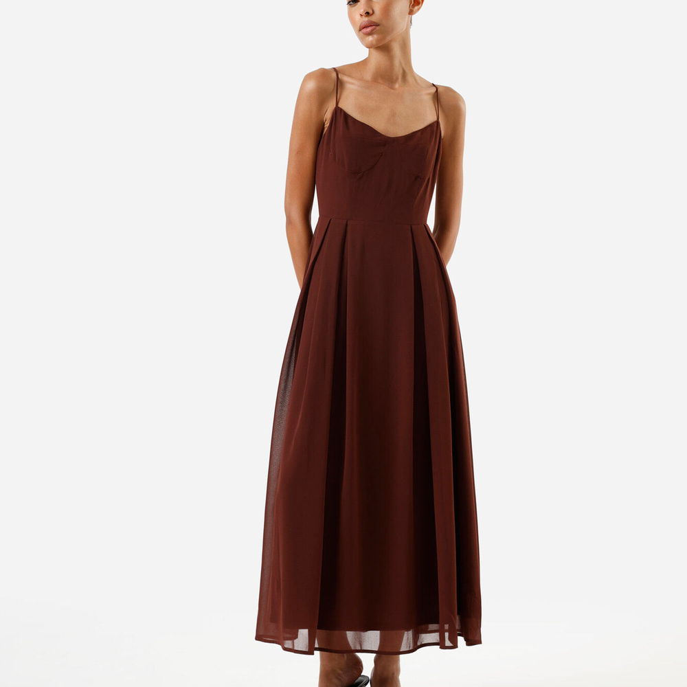 Vestido midi alça fina feminino com pregas vinho Vestido midi alça fina feminino com pregas vinho