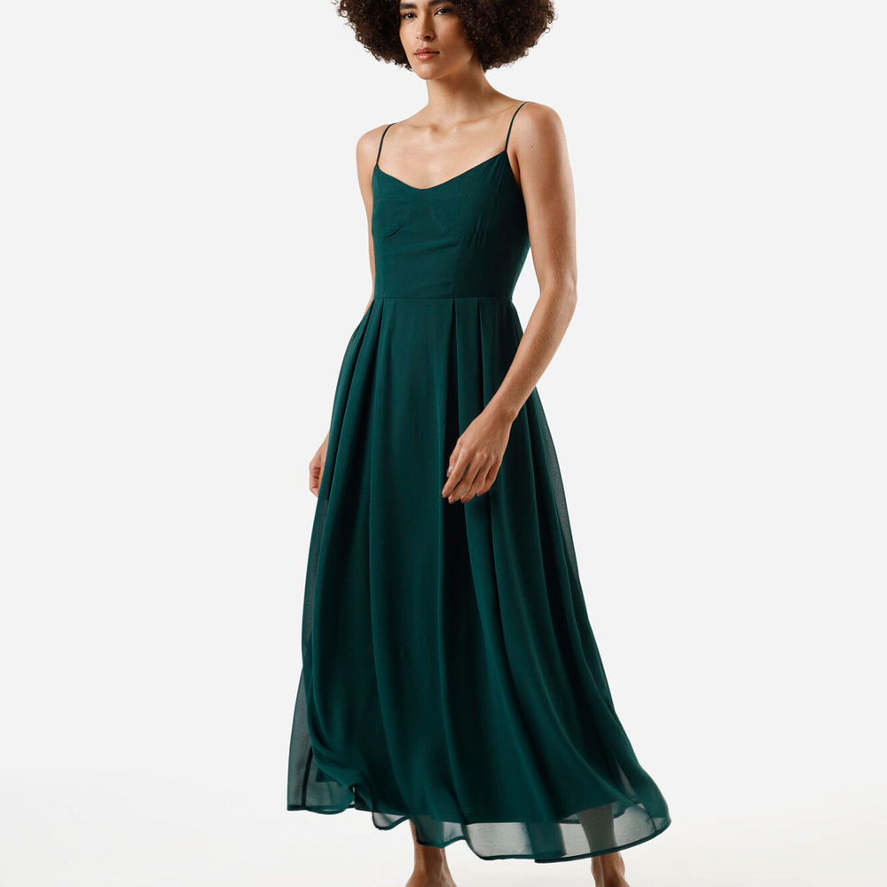 Vestido midi alça fina feminino com pregas verde Vestido midi alça fina feminino com pregas verde