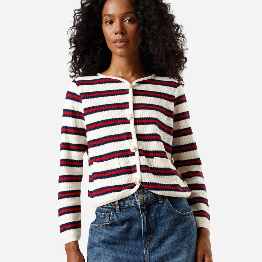 Casaco feminino de tricot listrado off white Casaco feminino de tricot listrado off white