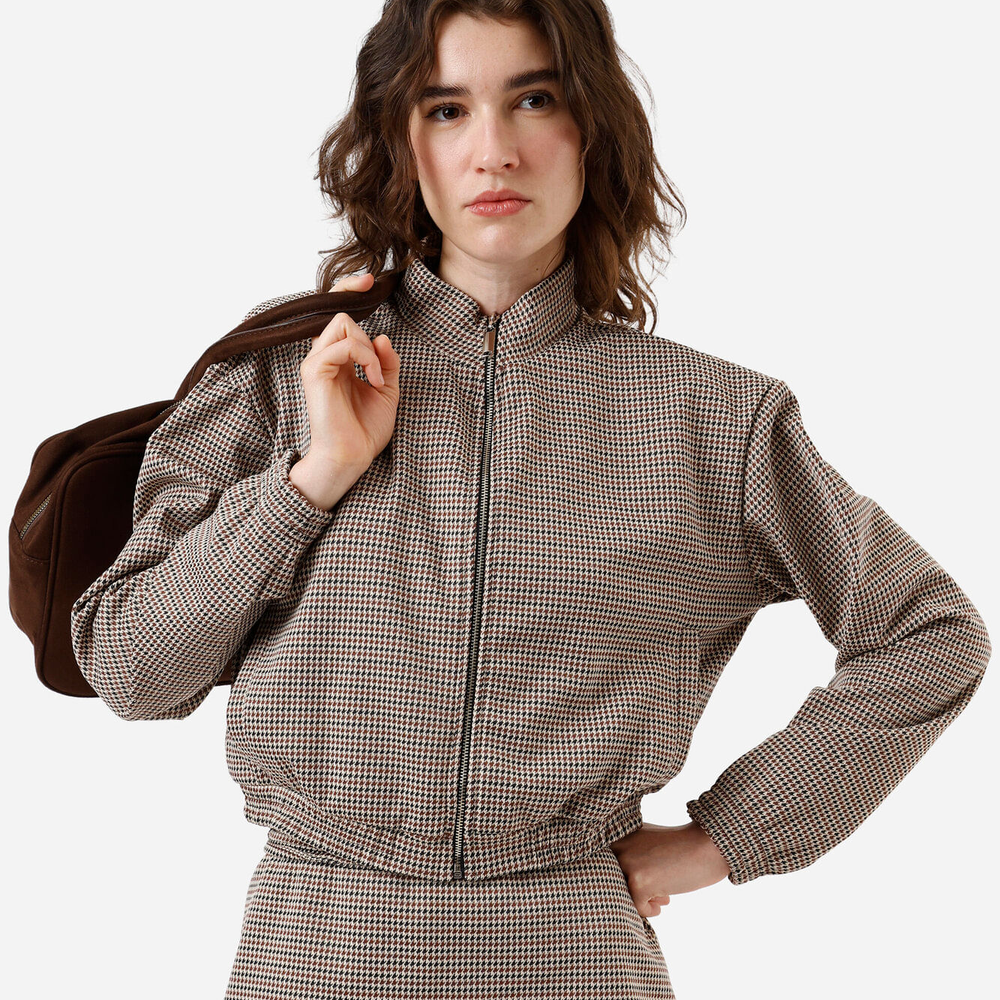 Jaqueta bomber feminina de jacquard pied de poule marrom Jaqueta bomber feminina de jacquard pied de poule marrom