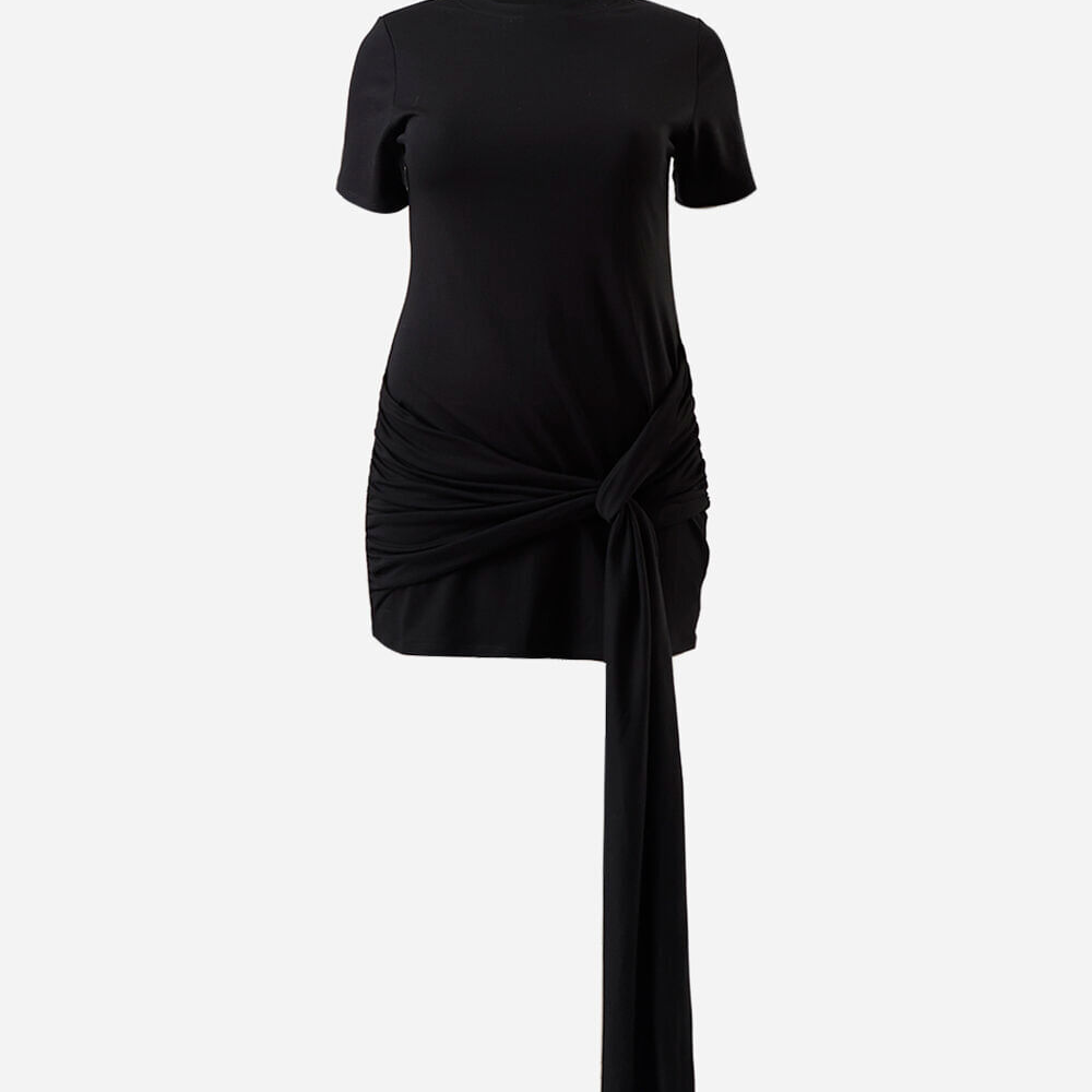 Vestido curto feminino com ombreira franzido mindset plus size preto Vestido curto feminino com ombreira franzido mindset plus size preto